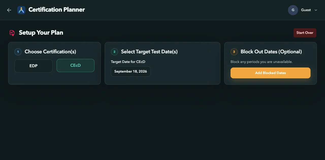 Certification planner setup for choosing a credential and target test date