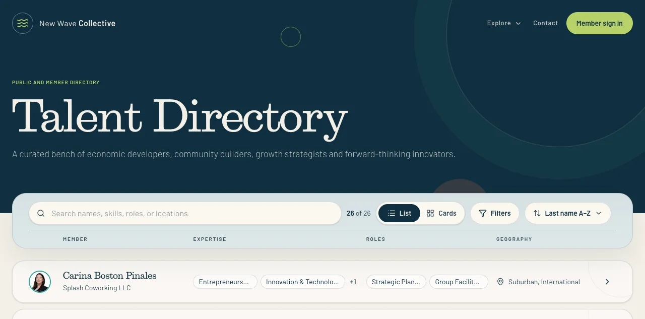 New Wave Collective talent directory with member search, filters, expertise, roles, and geography