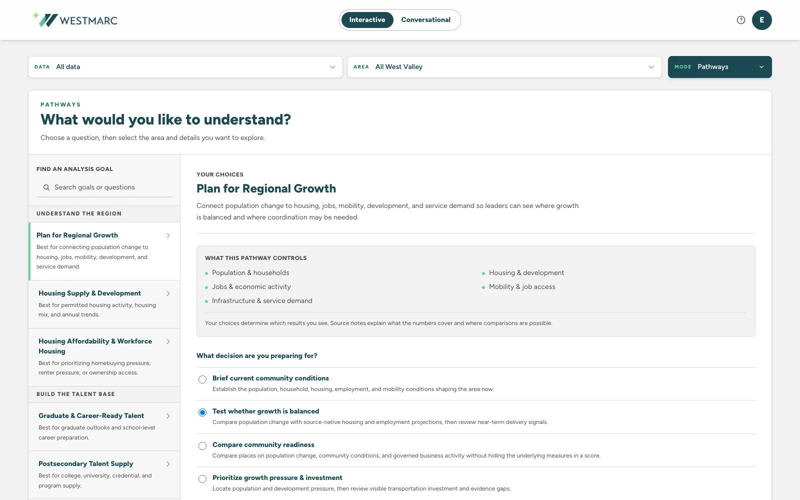 WESTMARC data platform pathway for planning regional growth with questions and decision options